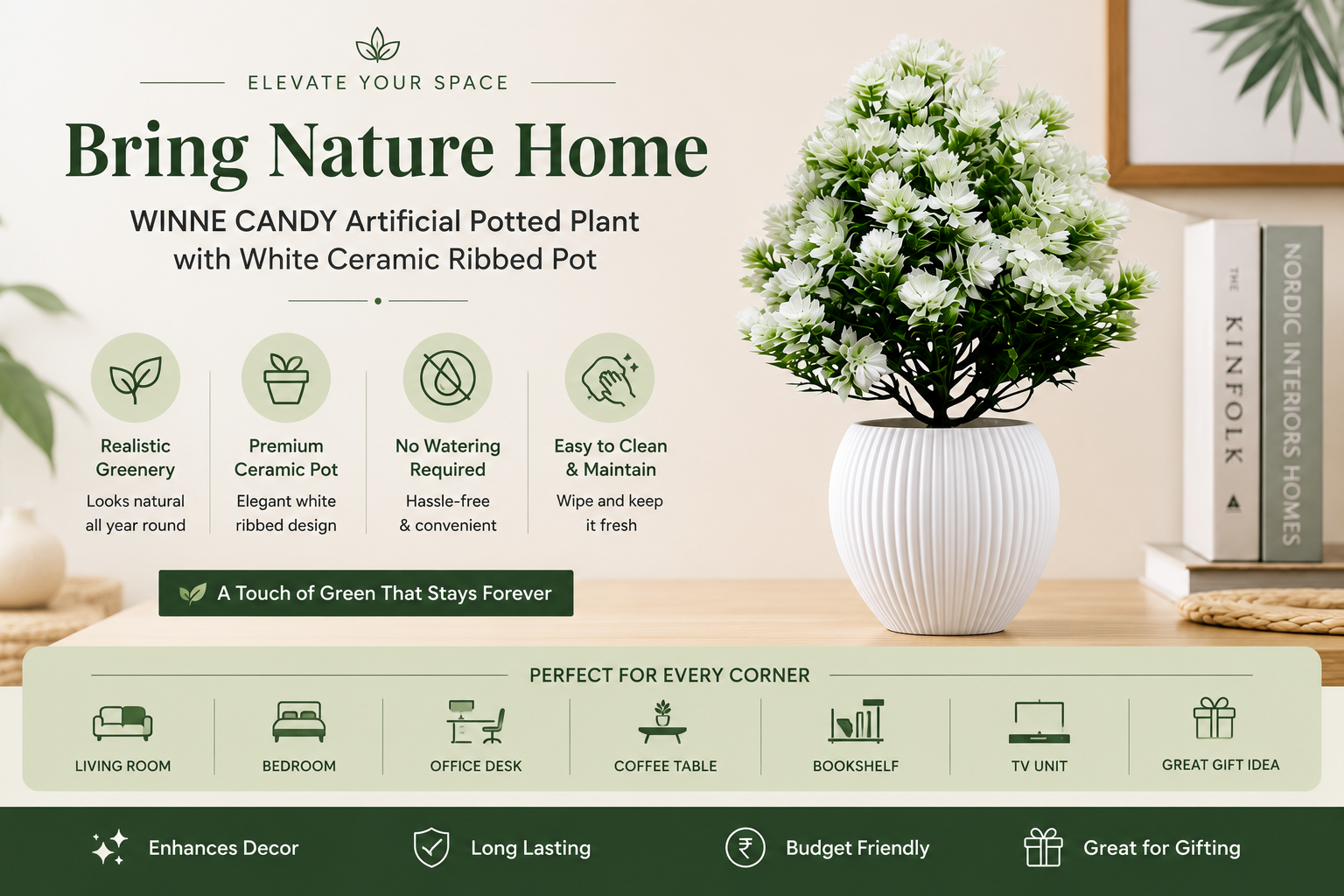 WINNE CANDY Artificial Potted Plant with White Ceramic Pot | Elegant Home Decor