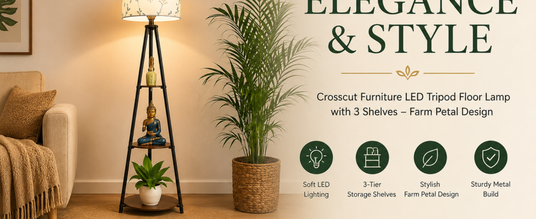 Crosscut Furniture LED Tripod Floor Lamp with 3 Shelves | Modern Living Room Floor Lamp for Home Decor