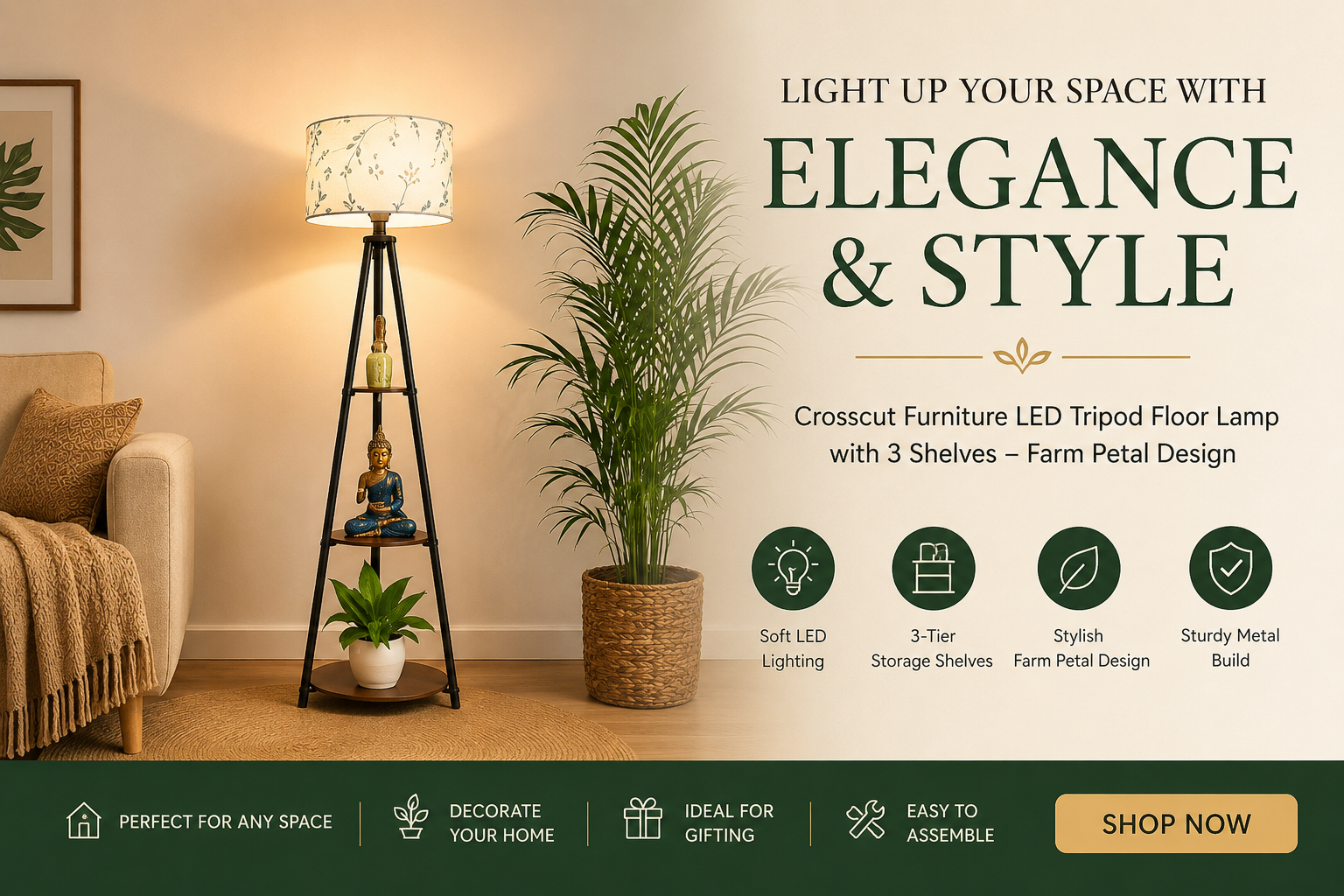 Crosscut Furniture LED Tripod Floor Lamp with 3 Shelves | Modern Living Room Floor Lamp for Home Decor