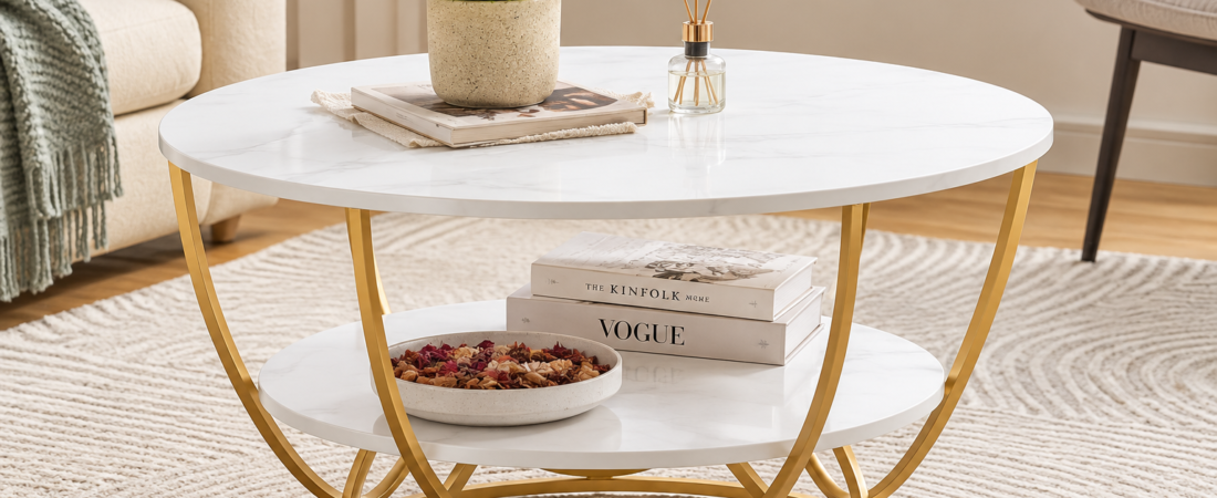 Modern Round 2-Tier Coffee Table with Faux Marble Top & Gold Metal Frame | Elegant Living Room Center Table
