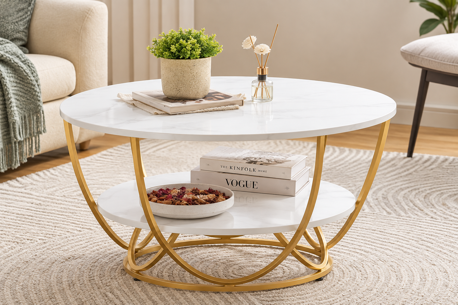 Modern Round 2-Tier Coffee Table with Faux Marble Top & Gold Metal Frame | Elegant Living Room Center Table