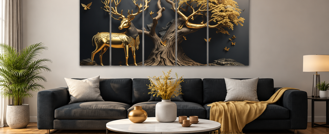 Golden Deer Wall Painting | Premium Luxury Wall Art for Living Room, Bedroom & Office