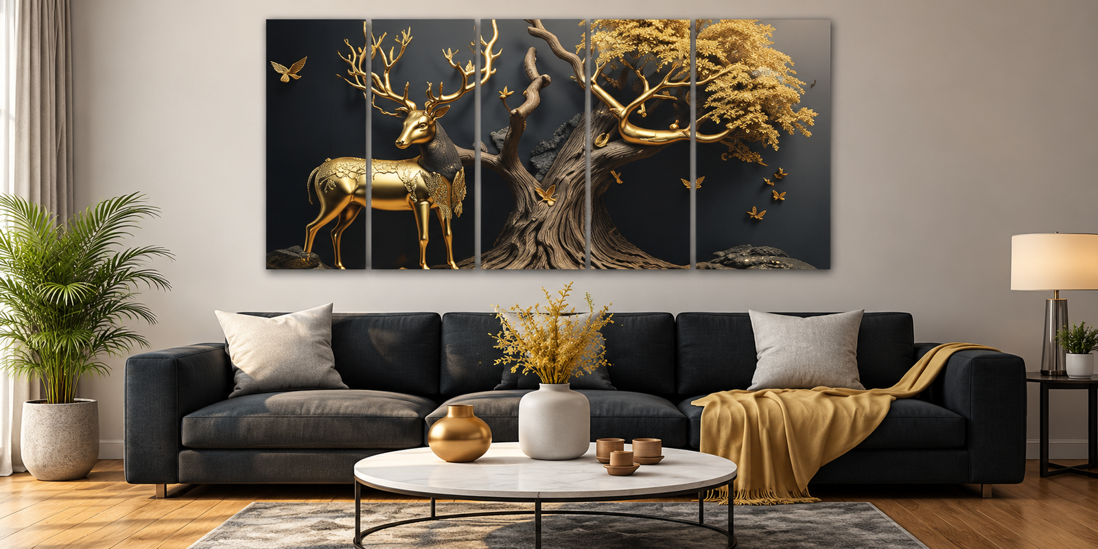 Golden Deer Wall Painting | Premium Luxury Wall Art for Living Room, Bedroom & Office