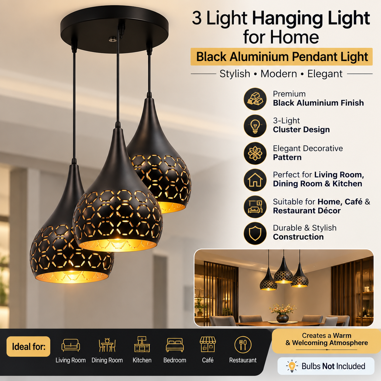 Modern 3-Light Black Aluminium Pendant Ceiling Lamp for Living Room, Dining & Home Decor