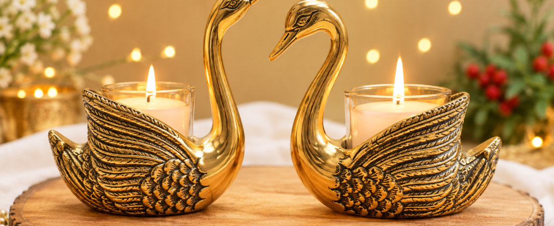BEHOMA Pair of Golden Swan Candle Holders – Elegant Home Decor Showpiece & Romantic Gift for Living Room