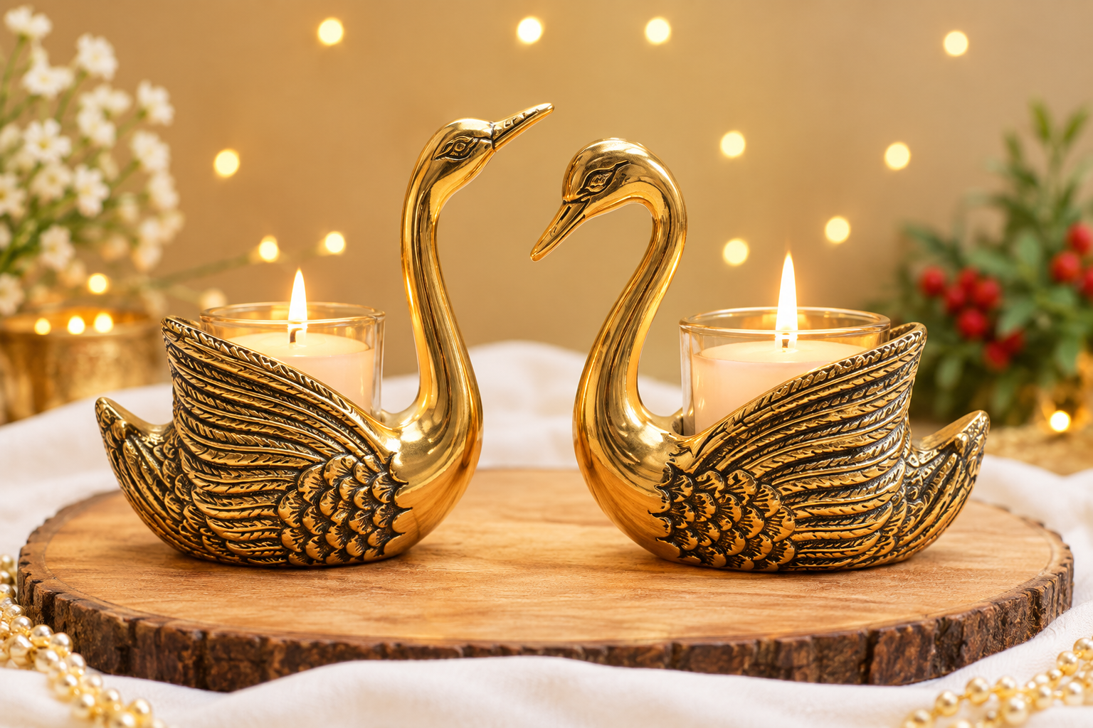 BEHOMA Pair of Golden Swan Candle Holders – Elegant Home Decor Showpiece & Romantic Gift for Living Room