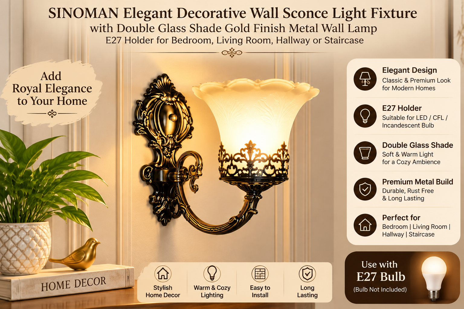 Elegant Decorative Gold Wall Sconce Light – Vintage Double Glass Shade for Stylish Home Décor