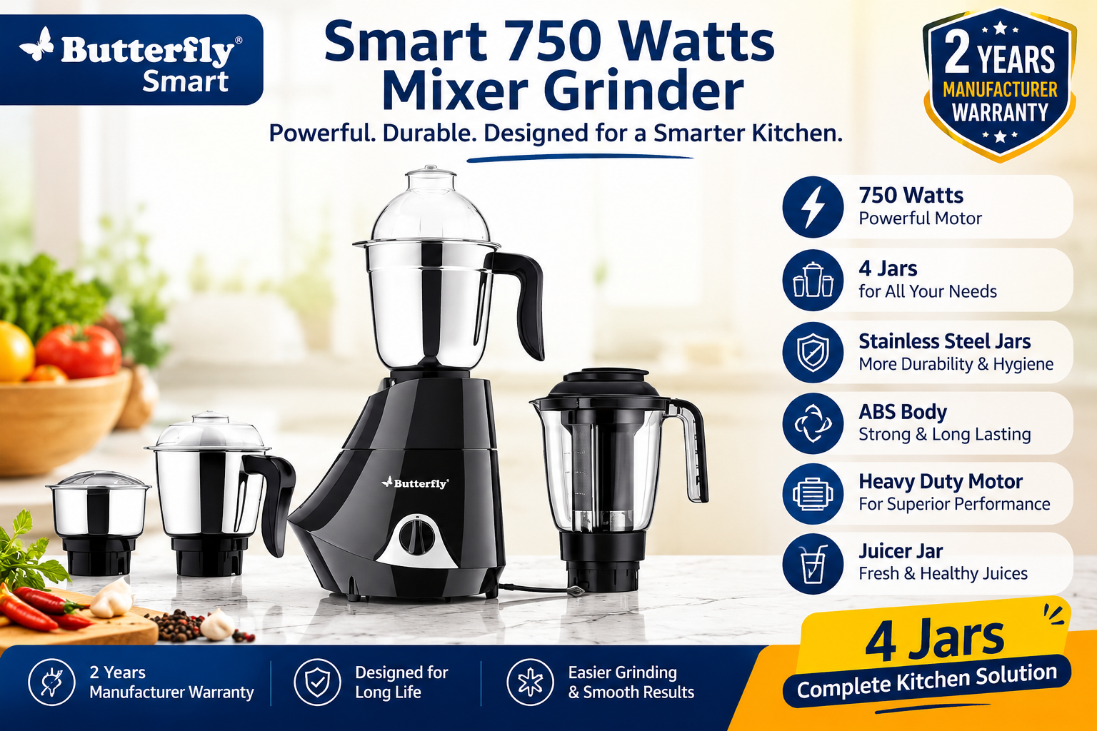 Butterfly Smart 750W Mixer Grinder – 4 Jars with Juicer Jar