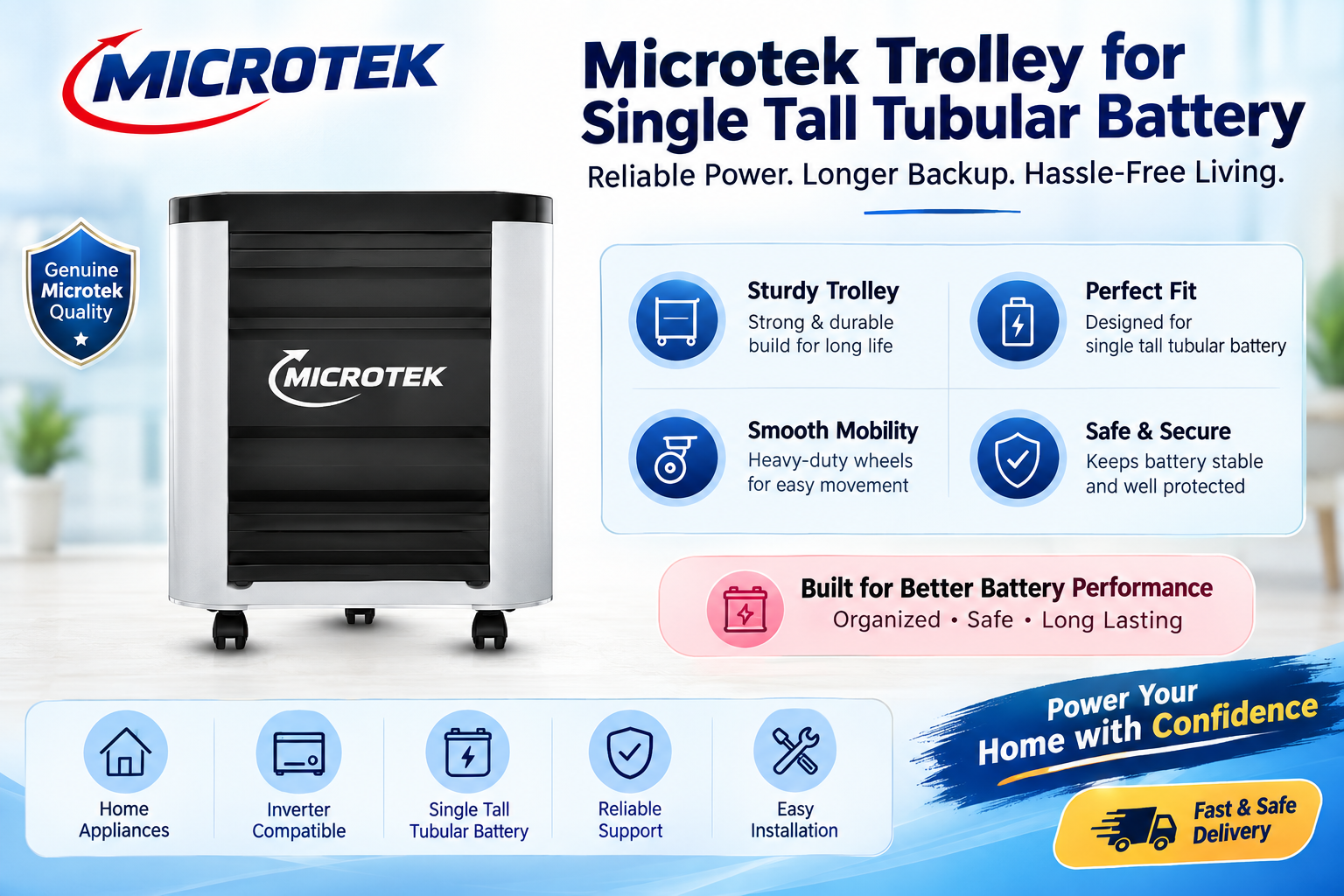 Microtek Trolley for Single Tall Tubular Battery – Strong, Durable & Easy to Move