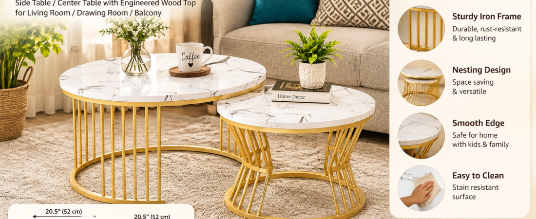 Modern Round Nesting Coffee Table Set with Marble-Look Top & Gold Iron Frame