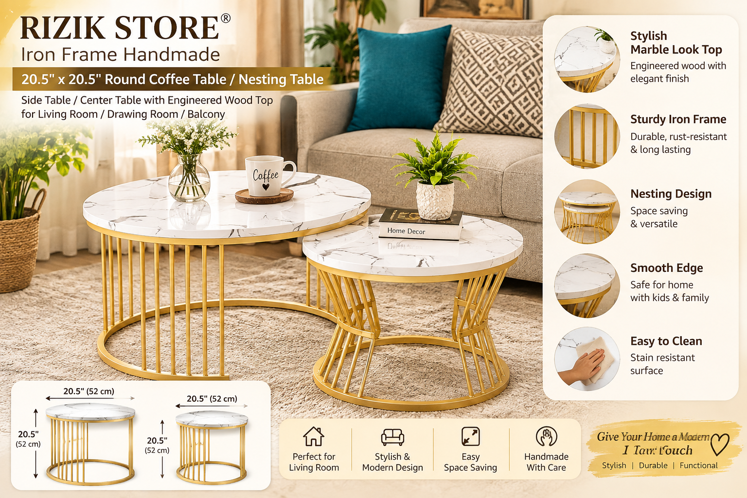 Modern Round Nesting Coffee Table Set with Marble-Look Top & Gold Iron Frame