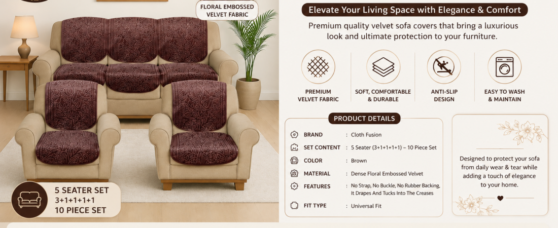Cloth Fusion Italian Velvet Sofa Cover Set 5 Seater Brown