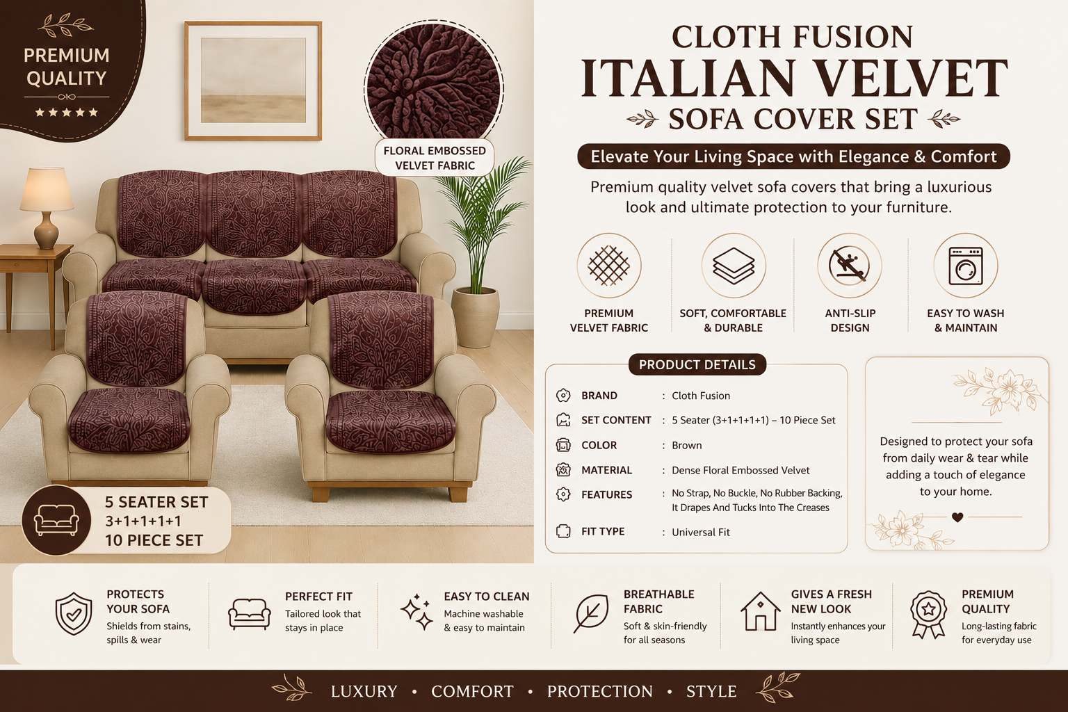 Cloth Fusion Italian Velvet Sofa Cover Set 5 Seater Brown