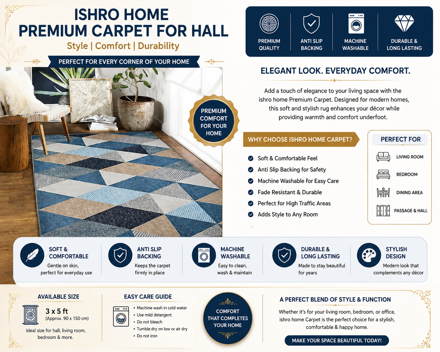 ISHRO HOME Premium Geometric Carpet for Hall & Living Room | Stylish, Comfortable & Easy-Care Rug