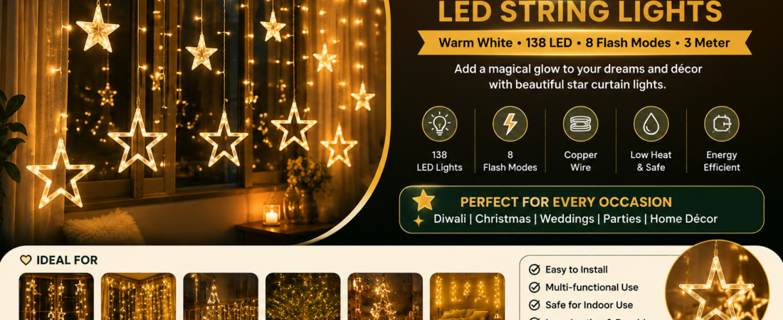 Star Curtain LED String Lights – Warm White Decorative Lights for Home & Festive Décor