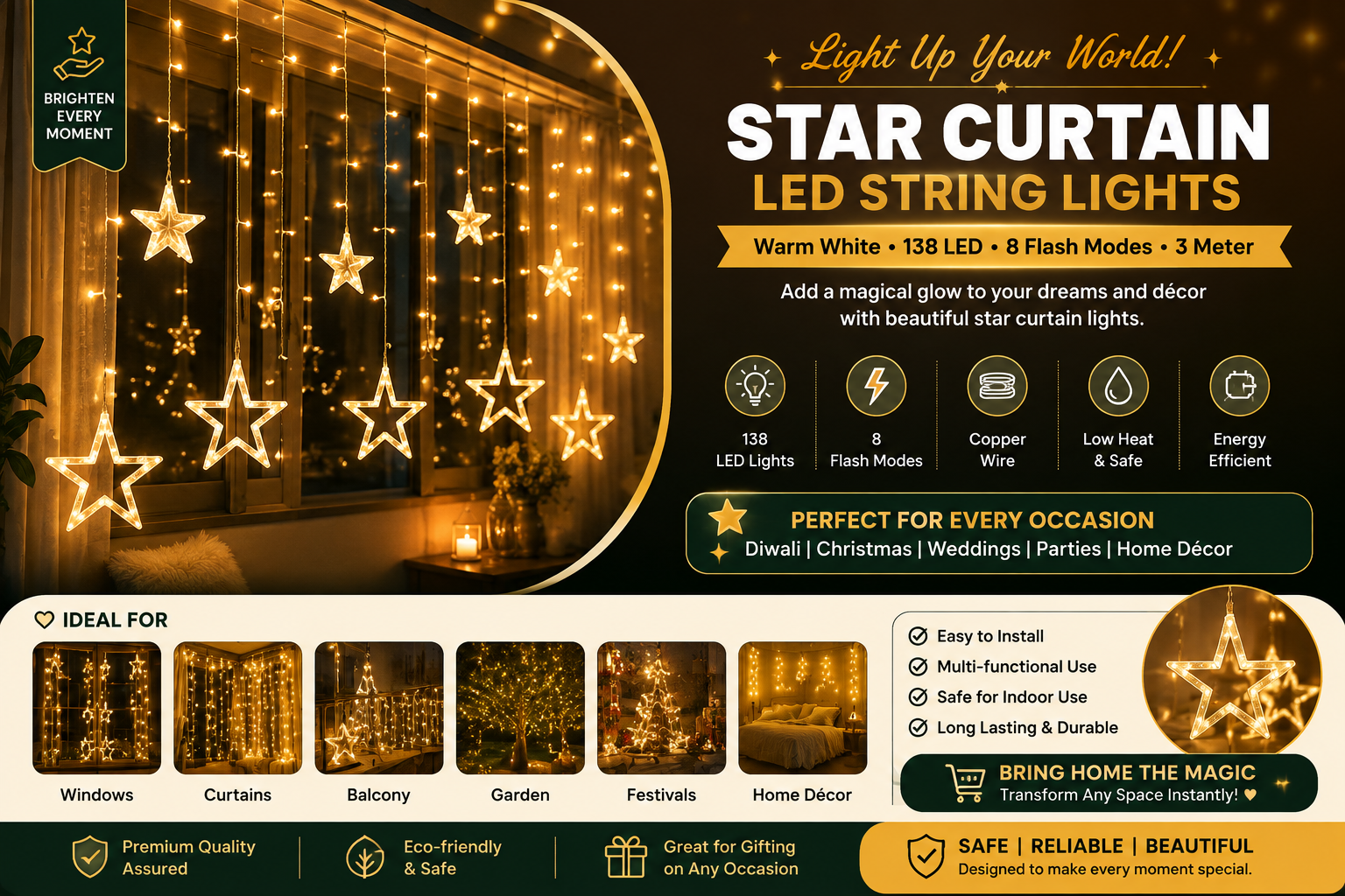Star Curtain LED String Lights – Warm White Decorative Lights for Home & Festive Décor