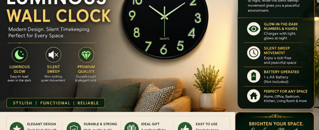 12-Inch Luminous Analog Wall Clock – Silent Sweep & Glow-in-the-Dark Design