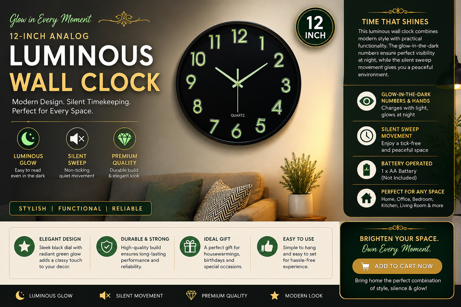 12-Inch Luminous Analog Wall Clock – Silent Sweep & Glow-in-the-Dark Design