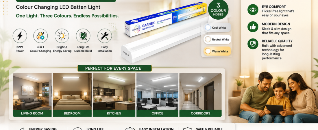Wipro Garnet Plus 22W 3-in-1 Colour Changing LED Batten – Bright & Stylish Lighting for Every Space