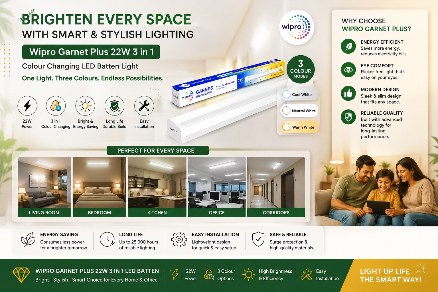 Wipro Garnet Plus 22W 3-in-1 Colour Changing LED Batten – Bright & Stylish Lighting for Every Space