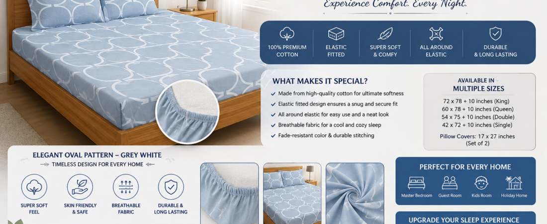 Premium Cotton Elastic Fitted Bedsheet with Pillow Covers – Soft Grey & White Oval Pattern