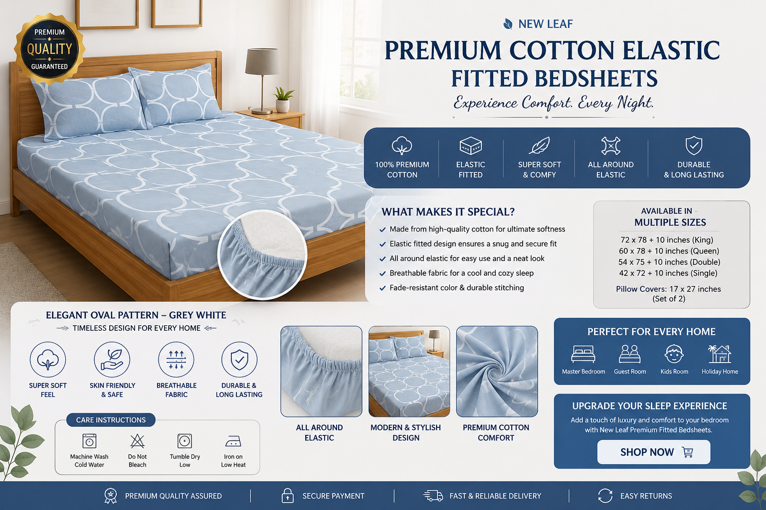 Premium Cotton Elastic Fitted Bedsheet with Pillow Covers – Soft Grey & White Oval Pattern