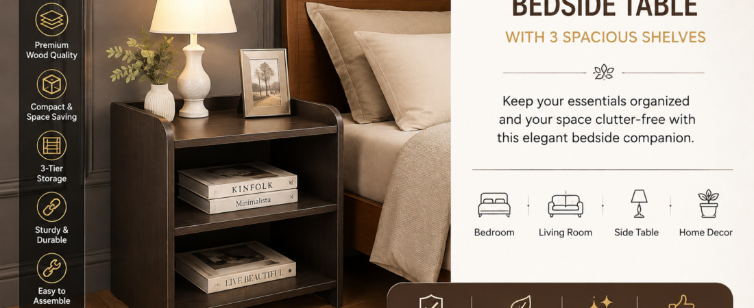 Modern Wooden Bedside Table with 3-Tier Storage – Compact & Stylish Side Table