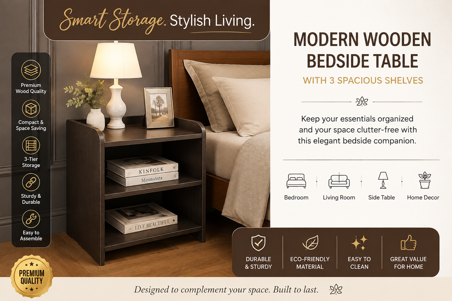 Modern Wooden Bedside Table with 3-Tier Storage – Compact & Stylish Side Table