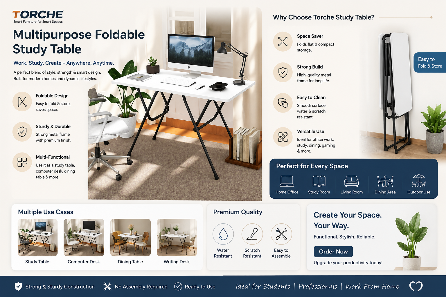 Multipurpose Foldable Study Table – Space-Saving Desk for Work, Study & Home