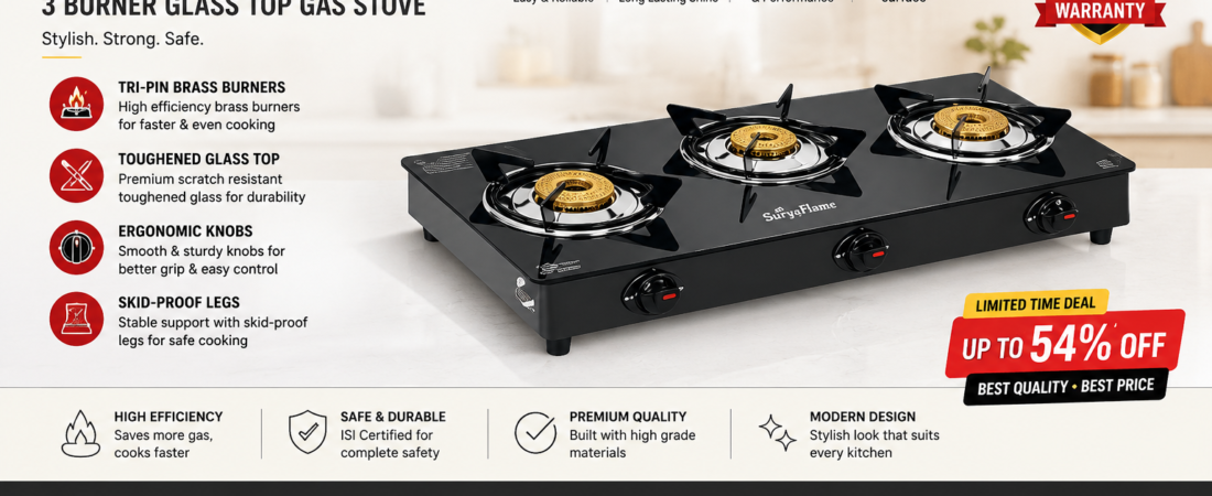 3 Burner Glass Top Gas Stove – Stylish & Efficient Kitchen Cooking Stove