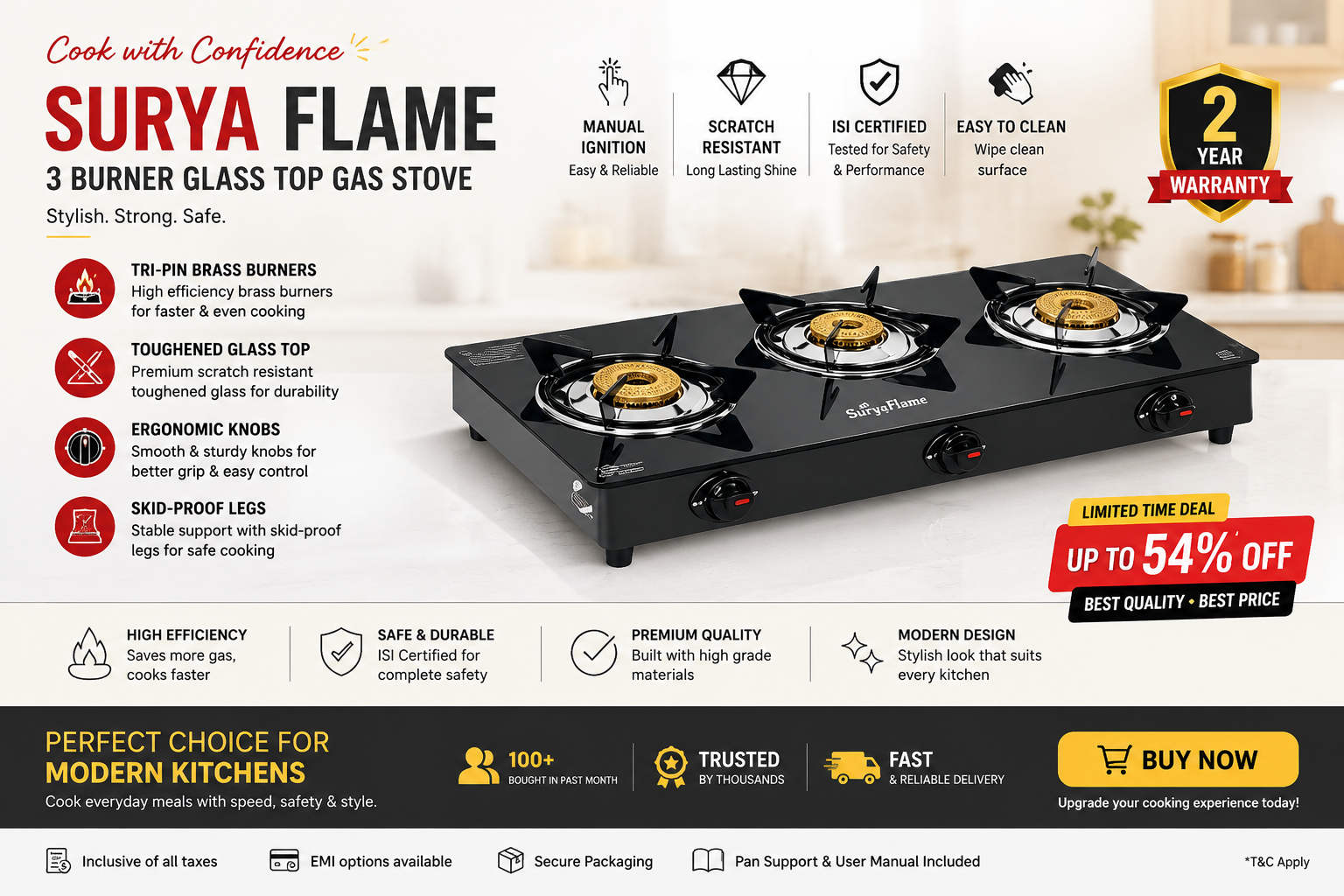 3 Burner Glass Top Gas Stove – Stylish & Efficient Kitchen Cooking Stove