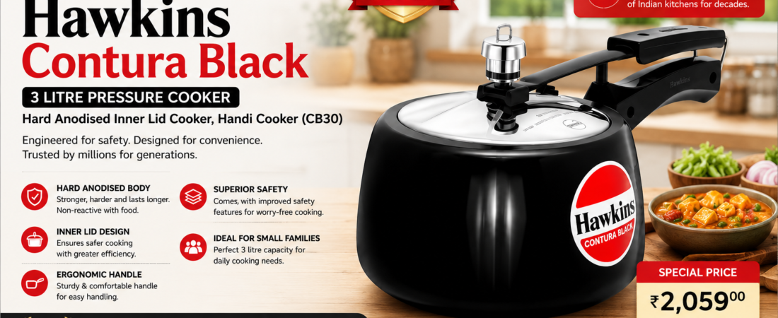 Hawkins Contura Black 3 Litre Pressure Cooker – Hard Anodised Inner Lid Cooker