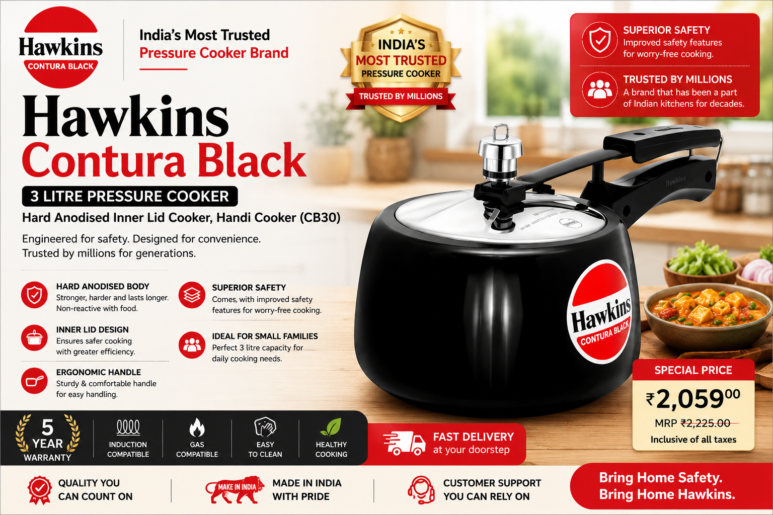 Hawkins Contura Black 3 Litre Pressure Cooker – Hard Anodised Inner Lid Cooker