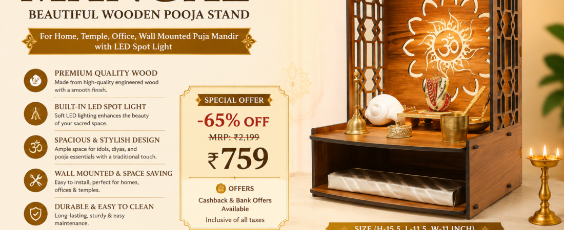 Mangal Beautiful Wooden Pooja Stand with LED Light – Elegant Wall-Mounted Mandir for Home, Temple & Office