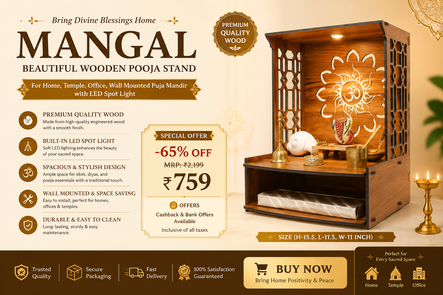 Mangal Beautiful Wooden Pooja Stand with LED Light – Elegant Wall-Mounted Mandir for Home, Temple & Office