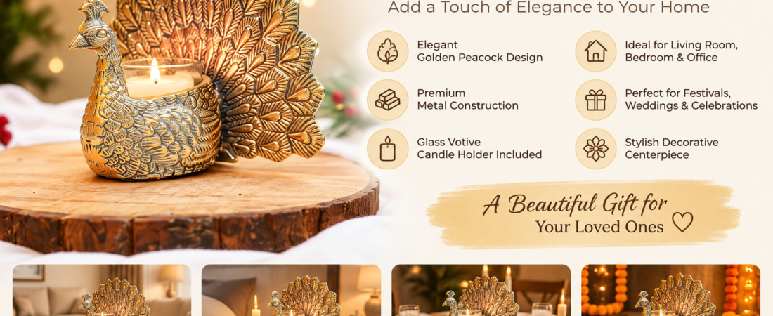 Premium Metal Dancing Peacock Candle Holder – Elegant Golden Votive Candle Stand for Home Décor, Living Room, Wedding & Festival Decoration