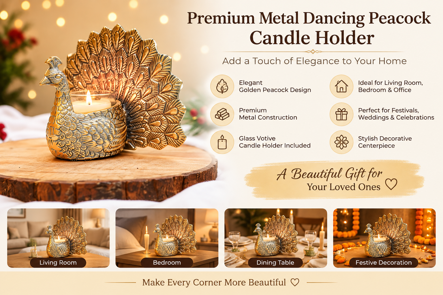 Premium Metal Dancing Peacock Candle Holder – Elegant Golden Votive Candle Stand for Home Décor, Living Room, Wedding & Festival Decoration