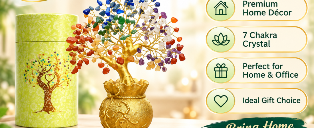 JD FRESH 7 Chakra Crystal Tree with Golden Money Bag Base | Premium Feng Shui Home & Office Decor Gift