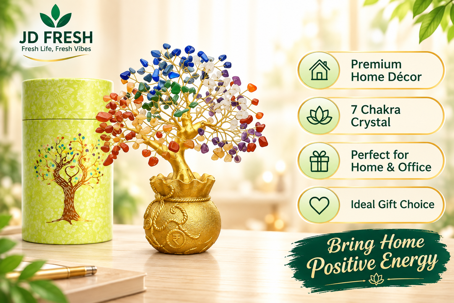 JD FRESH 7 Chakra Crystal Tree with Golden Money Bag Base | Premium Feng Shui Home & Office Decor Gift