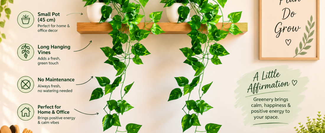 Artificial Hanging Vine Plants with Pots – Realistic Green Wall Decor for Home, Office & Balcony | Pack of 2