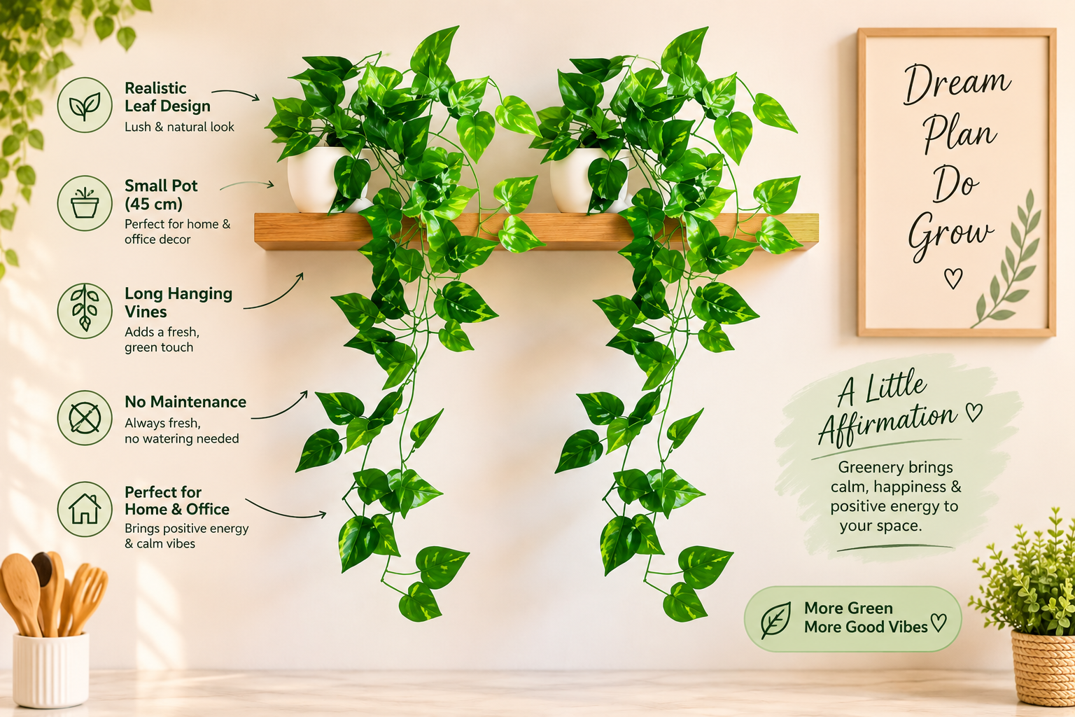 Artificial Hanging Vine Plants with Pots – Realistic Green Wall Decor for Home, Office & Balcony | Pack of 2