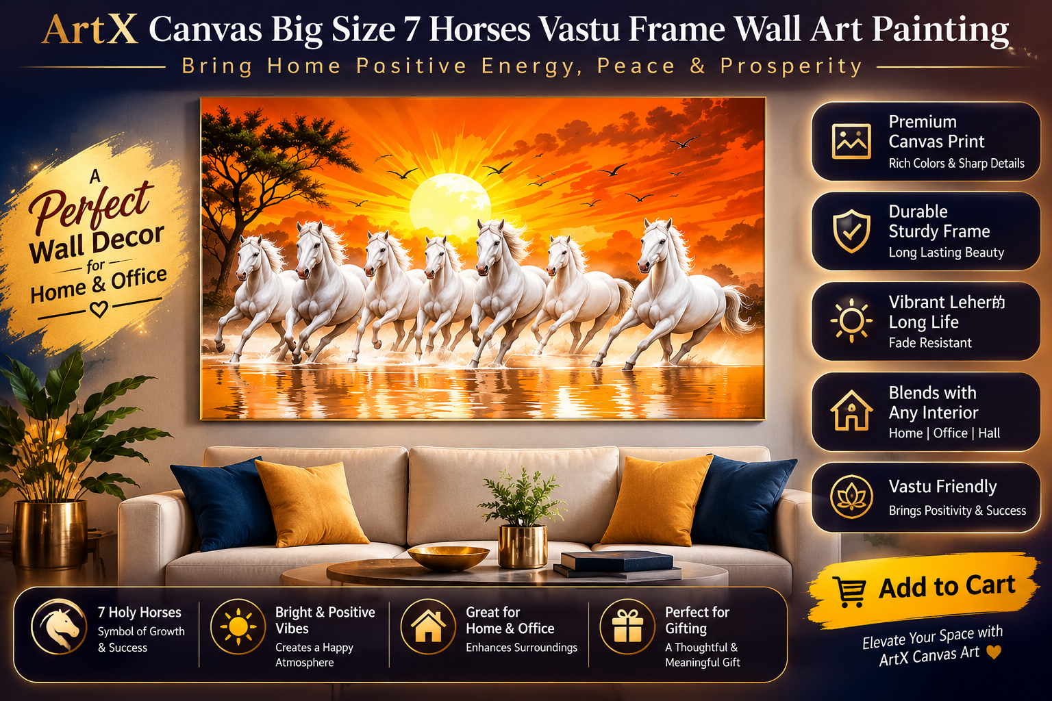 7 Horses Canvas Wall Art – Elegant Vastu-Inspired Home Decor for Living Room, Bedroom & Office