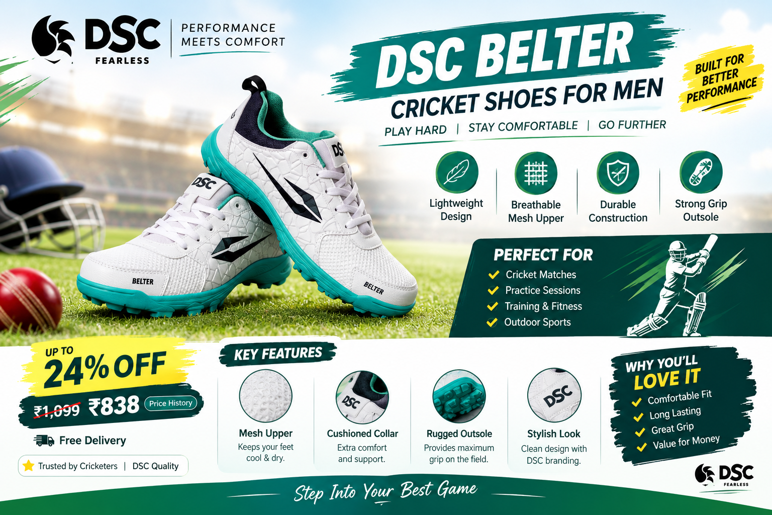 DSC Belter Cricket Shoes for Men – Lightweight & Comfortable Sports Footwear