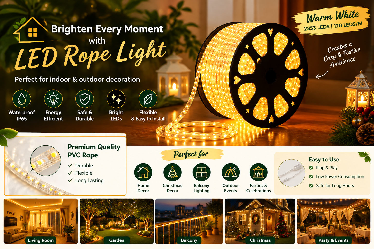 Warm White LED Rope Light – Bright & Elegant Decorative Lighting