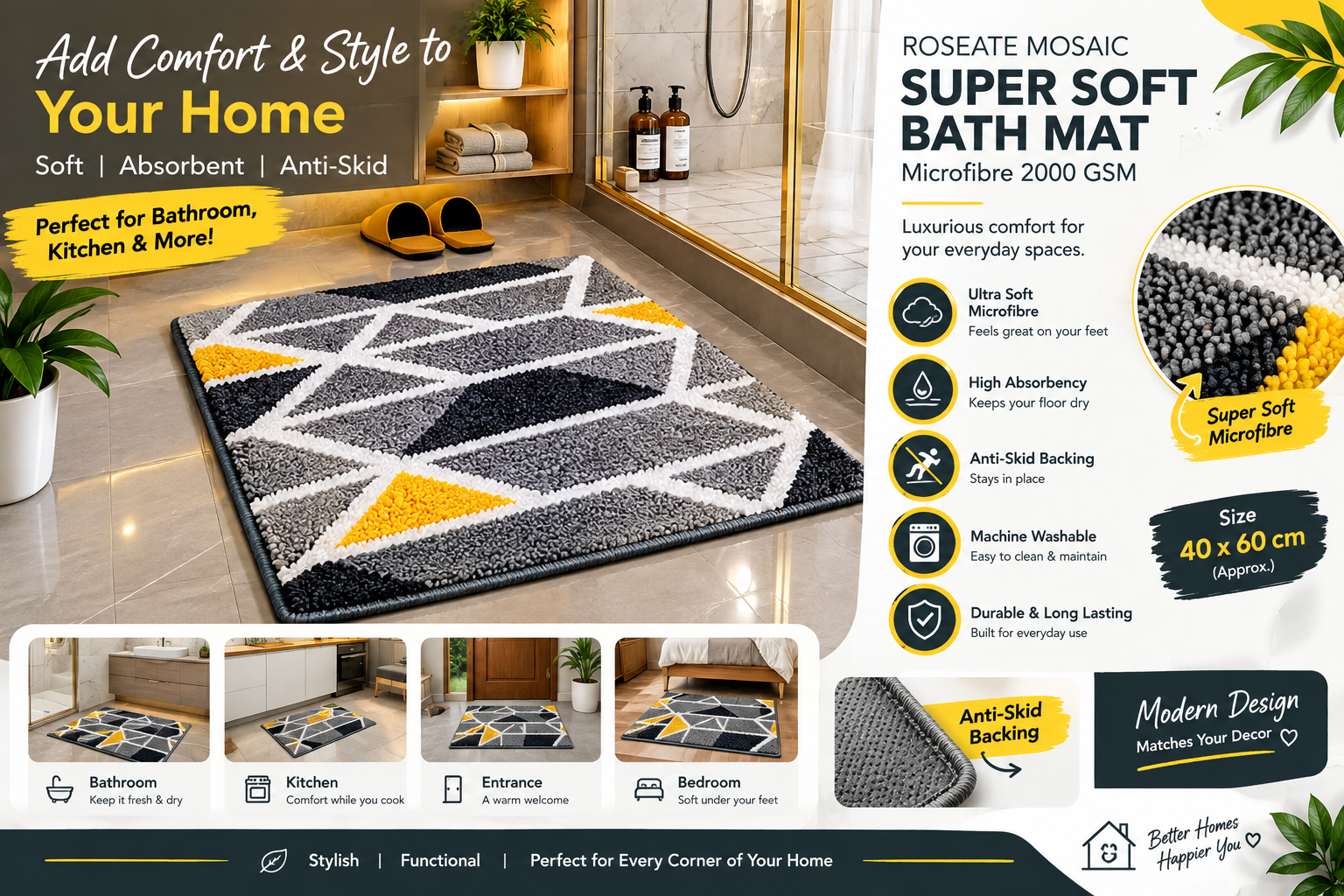 Super Soft Microfiber Bath Mat – Modern Geometric Design | 40 × 60 cm