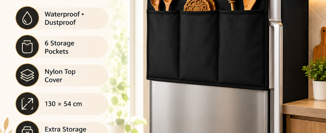 Refrigerator Protective Cover with 6 Storage Pockets | Waterproof & Dustproof Fridge Cover | Nylon Top Cover | Extra Storage Organizer | 130 × 54 cm