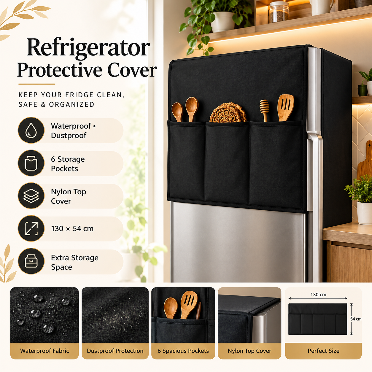 Refrigerator Protective Cover with 6 Storage Pockets | Waterproof & Dustproof Fridge Cover | Nylon Top Cover | Extra Storage Organizer | 130 × 54 cm
