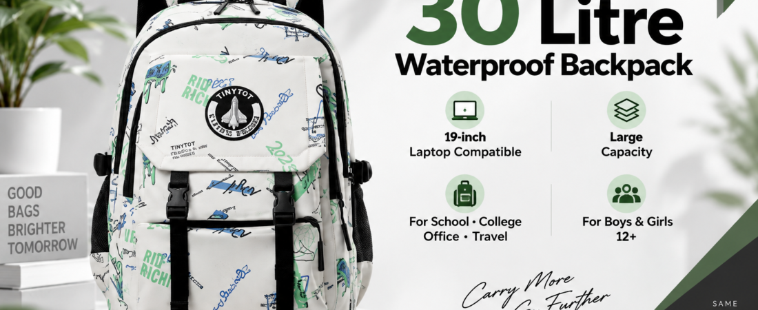 30 Litre Waterproof Backpack for School, College, Office & Travel | 19-Inch Laptop Compatible