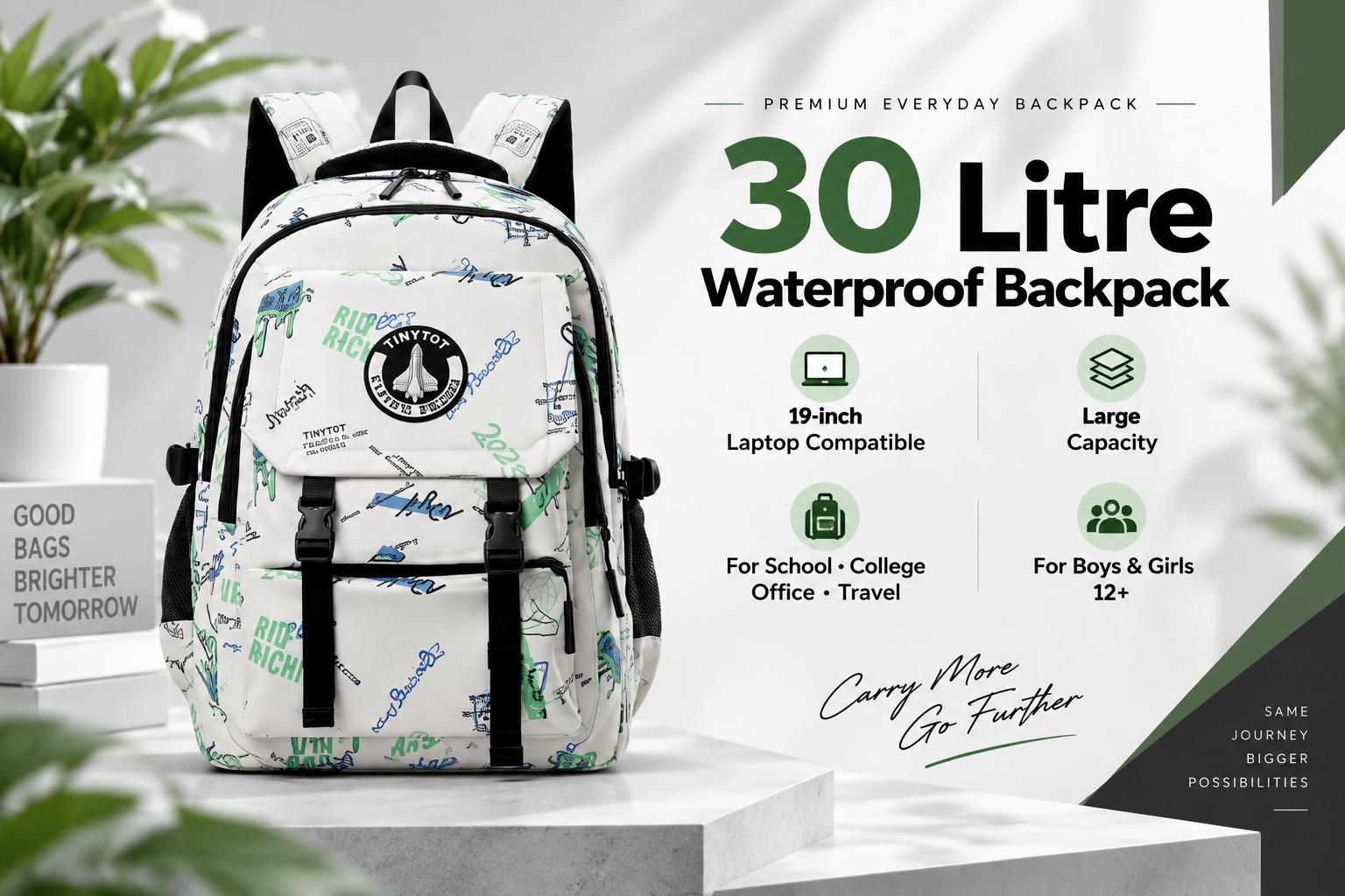 30 Litre Waterproof Backpack for School, College, Office & Travel | 19-Inch Laptop Compatible