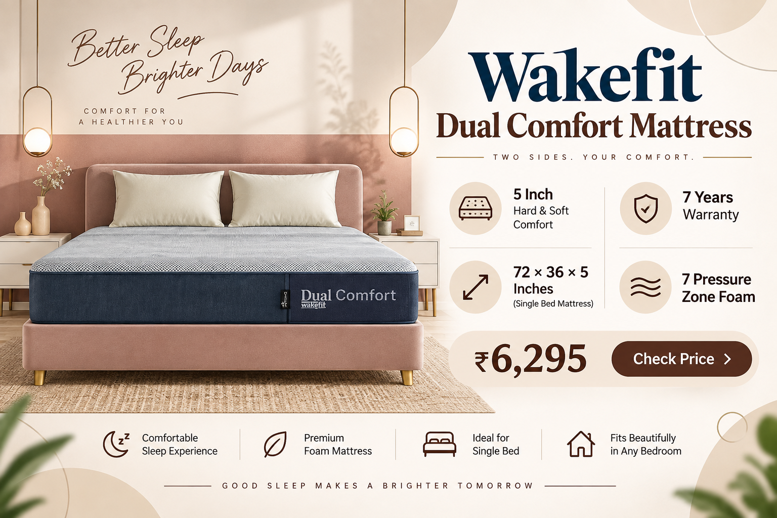 Wakefit Dual Comfort Mattress 5 Inch | Hard & Soft Comfort | 7 Years Warranty | 72×36×5 Inches
